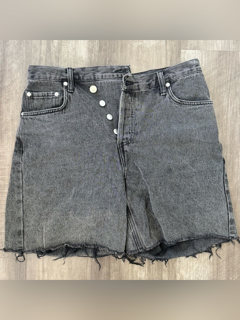 Princess Polly High-Waist Button-Front Distressed Denim Shorts- Charcoal